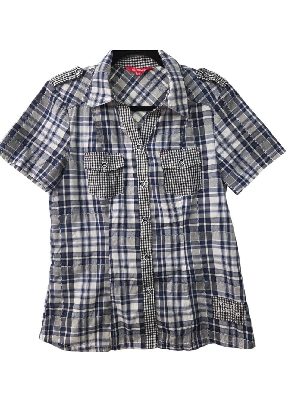 Le Grenier Navy Plaid Button Down Shirt Y2K Size Medium